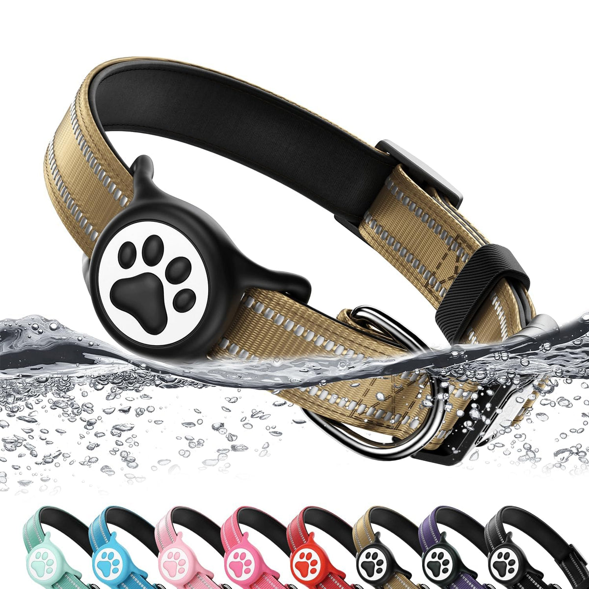 Premium Airtag Dog Collar，with IP68 Waterproof AirTag Holder,Pink,S