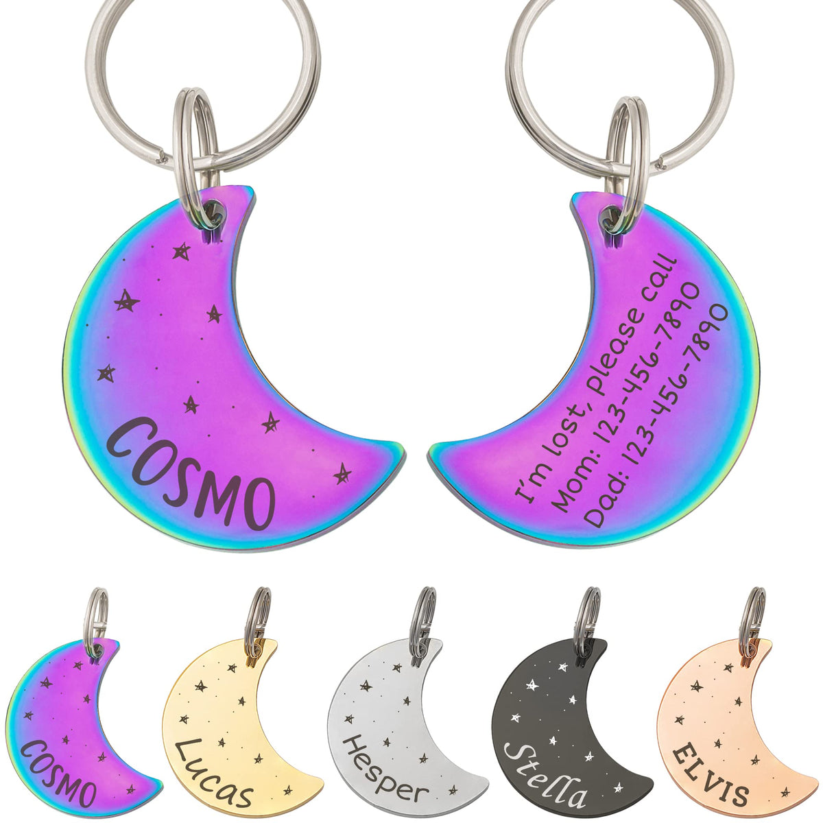 Anavia Starry Sky Theme Pet ID Tags in Half Moon & Star Shape, Personalized Dog Name Tag Cat Tag, Glossy Stainless Steel Gold Plated Black Rainbow Dog Collar Tag (Medium, Star Shape, Black)