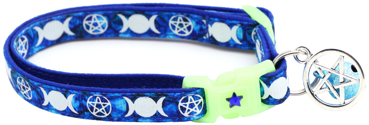 Wicca Cat Collar with Occult Charm & Bell | Witch's Familiar Cat Collar | Witch Kitten Collar Charms | Glow in The Dark | Safety Breakaway Collar (Small, Black)