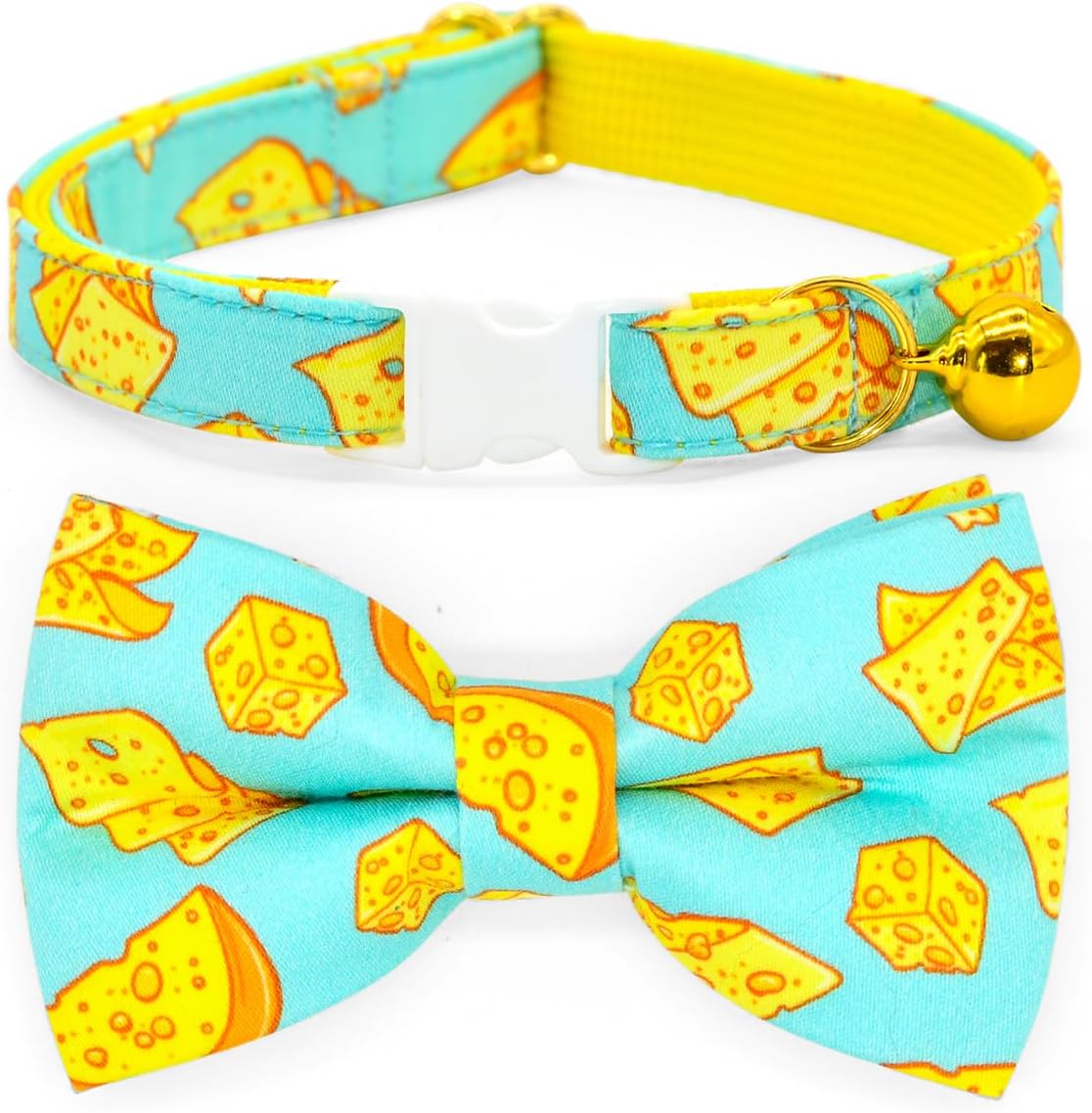 Cheese Cat Bow Tie Collar, Blue & Yellow Cheese Pattern, Wedding/Birthday/Festivals Cat Collar, Quick Release Safety Breakaway Collar