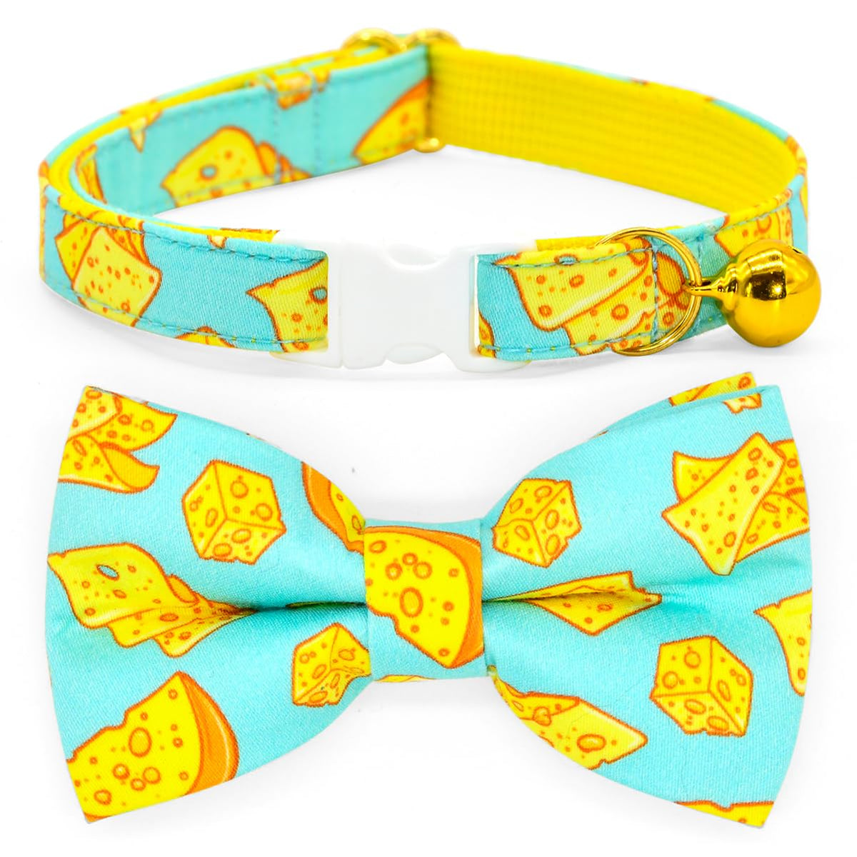 Cheese Cat Bow Tie Collar, Blue & Yellow Cheese Pattern, Wedding/Birthday/Festivals Cat Collar, Quick Release Safety Breakaway Collar
