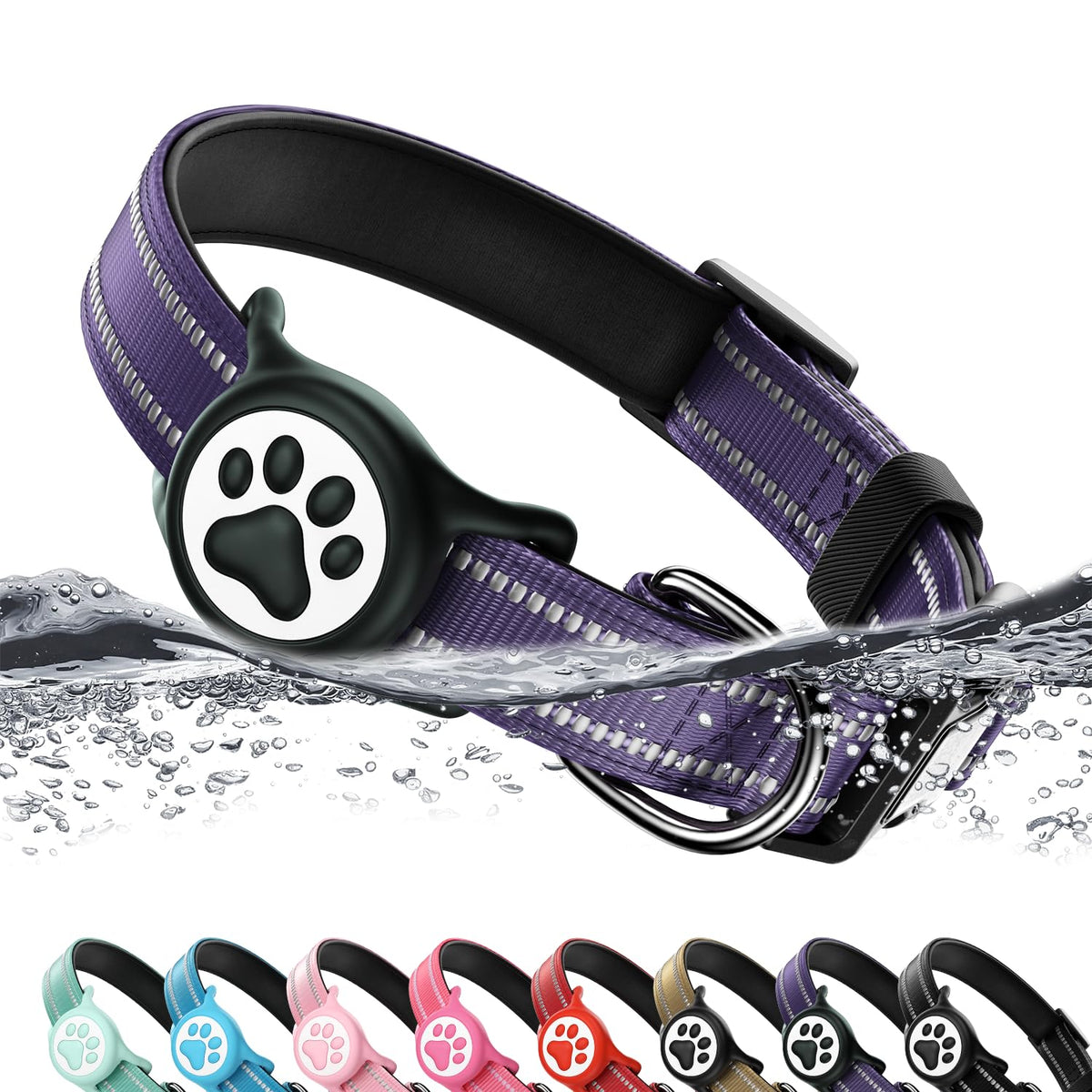 Premium Airtag Dog Collar，with IP68 Waterproof AirTag Holder,Pink,S