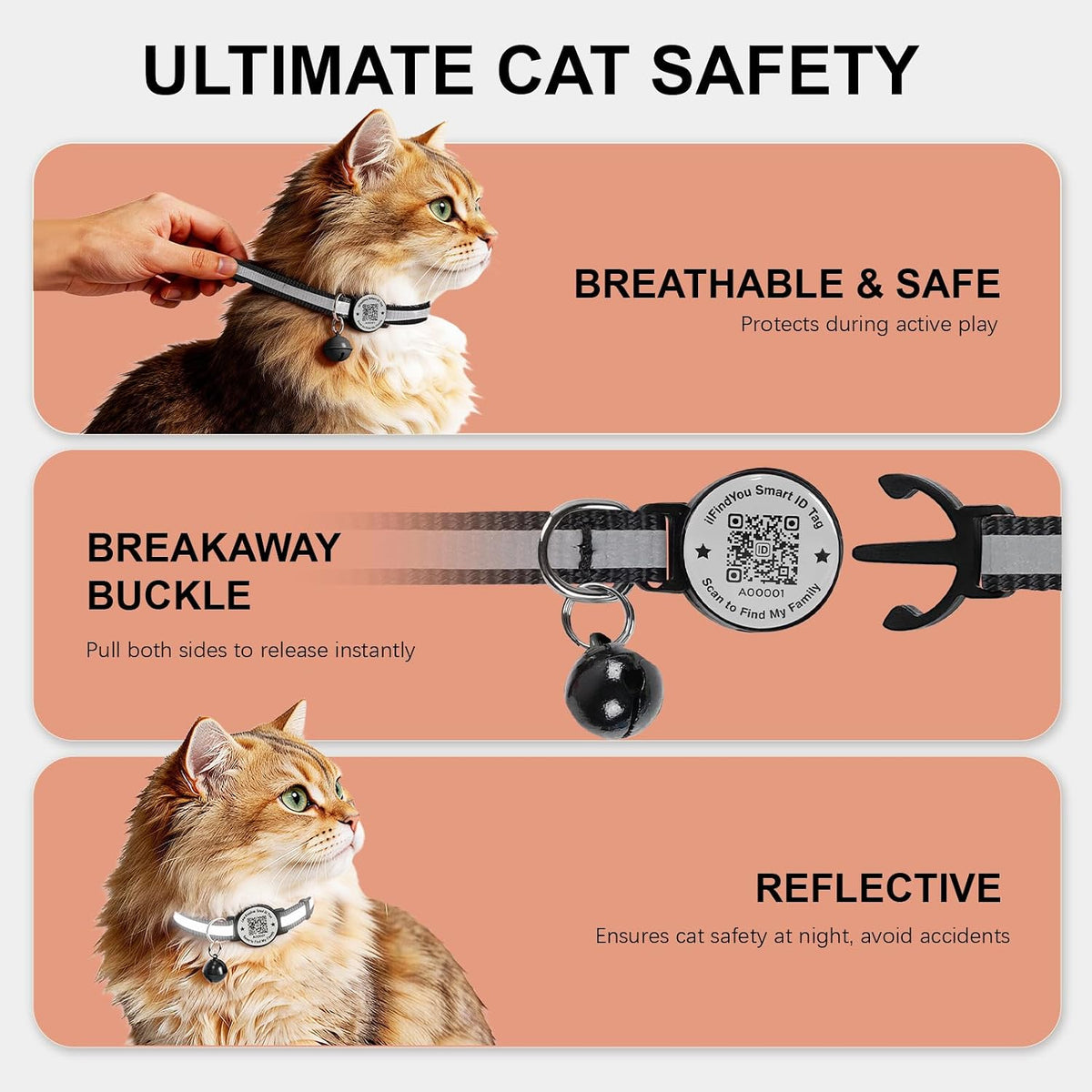 Cat Collar Breakaway QR Code, Reflective cat Collar with Bells, 3-Pack