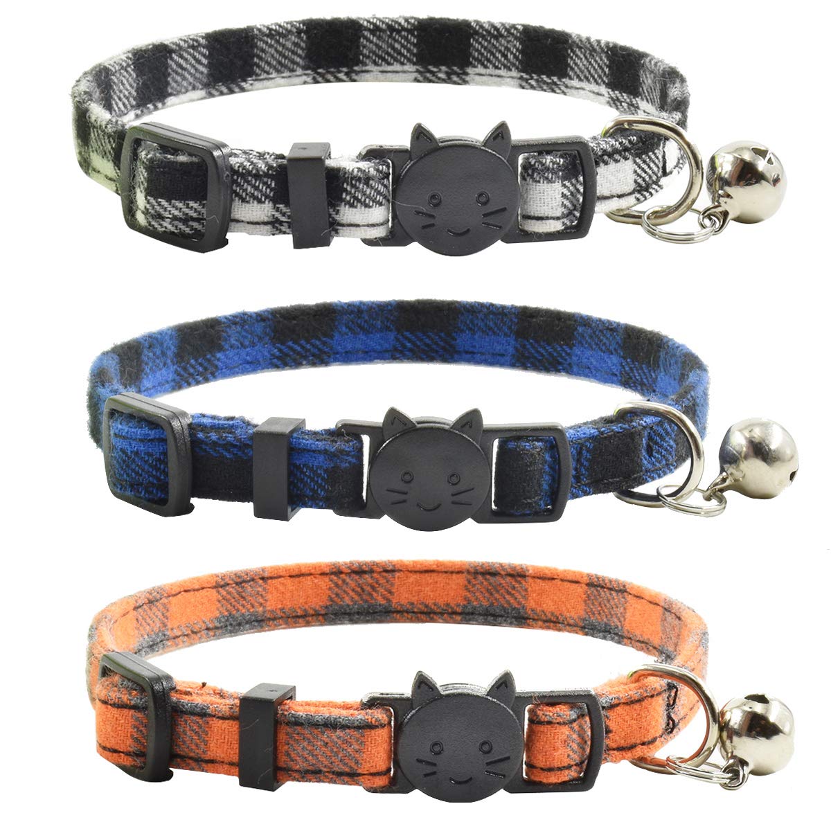 Breakaway Cat Collars with Bell, Set of 3, Durable & Safe Cute Kitten Collars Safety Adjustable Kitty Collar for Cat Puppy 7.5-11in (Plaid-2)