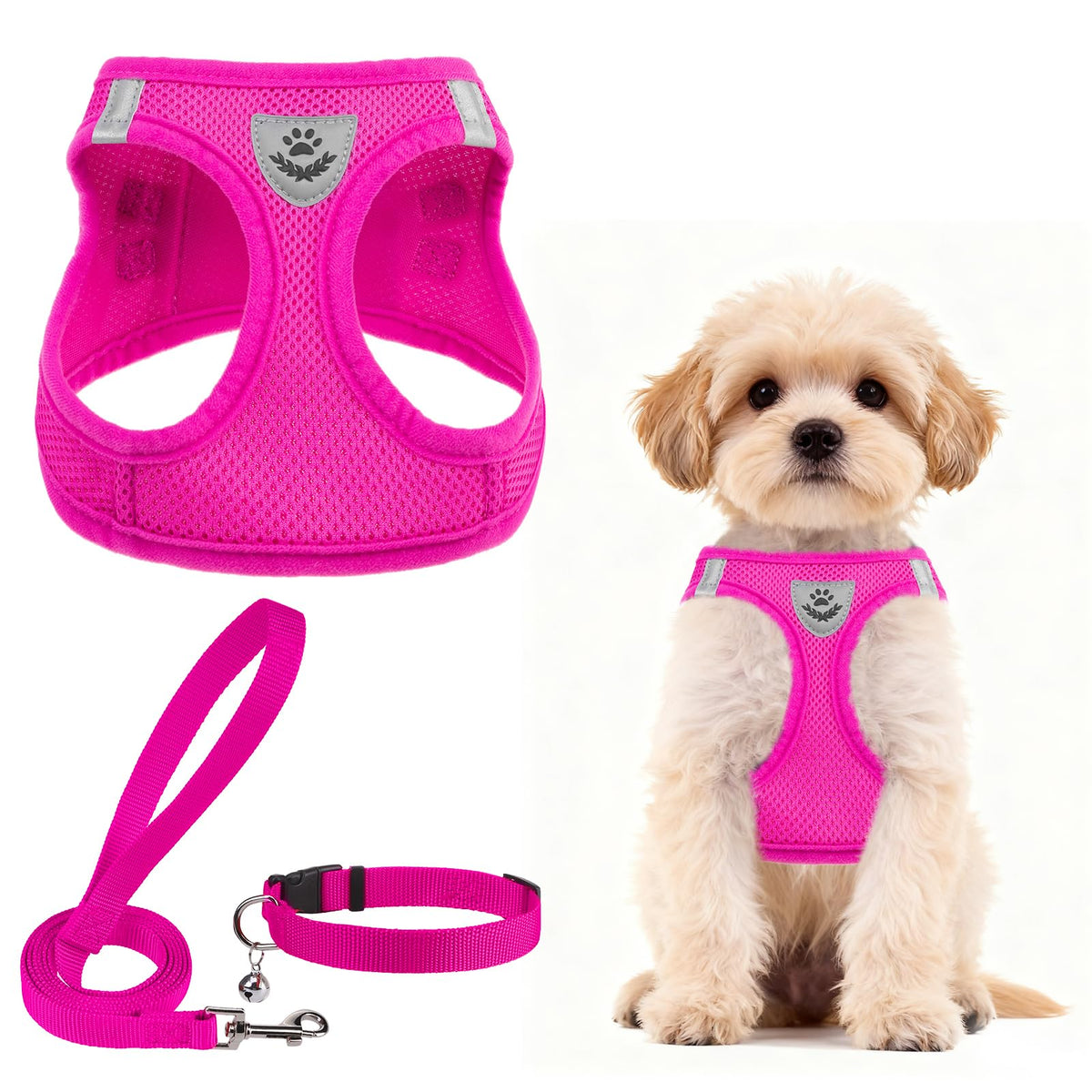 PUPTECK Adjustable Pet Harness Collar &Leash Set Step in for Small Dogs Puppy &Cats Outdoor Training &Running, Soft Mesh Padded Reflective Vest Harness,M: Chest girth: 16-18in Collar: 11.8-15.7in