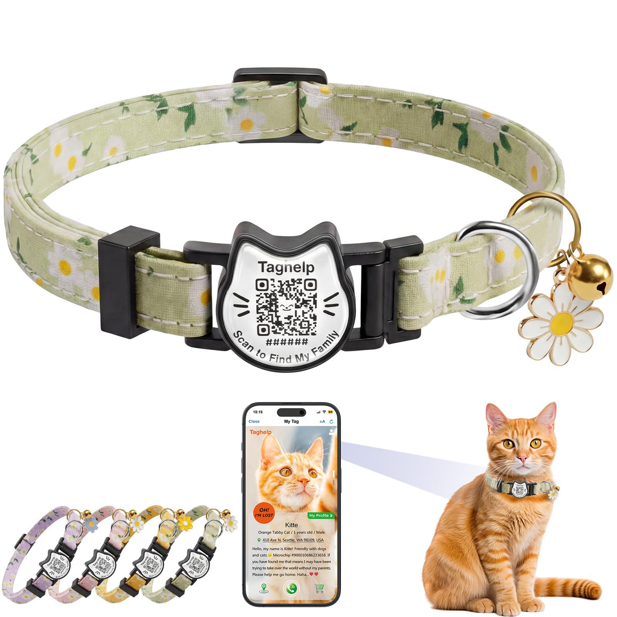 Breakaway Cat Collar with QR Code Tag and Bell (Black & Rose red)