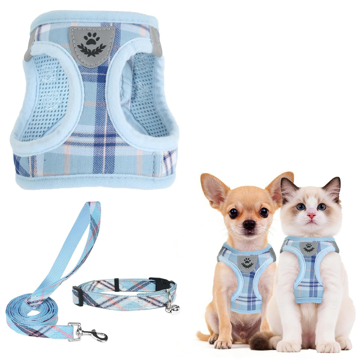PUPTECK Adjustable Pet Harness Collar &Leash Set Step in for Small Dogs Puppy &Cats Outdoor Training &Running, Soft Mesh Padded Reflective Vest Harness,M: Chest girth: 16-18in Collar: 11.8-15.7in