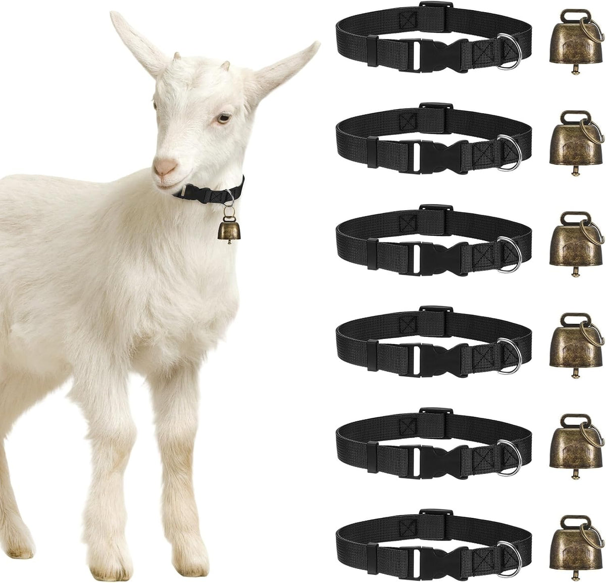M METERXITY 6-Pack Goat Collars with Bells, 13.8"-20.5" Polyester Adjustable Pet Collar with Anti-Lost Grazing Copper Bell for Small Farm Animal/Sheep/Cow/Goat [Black]