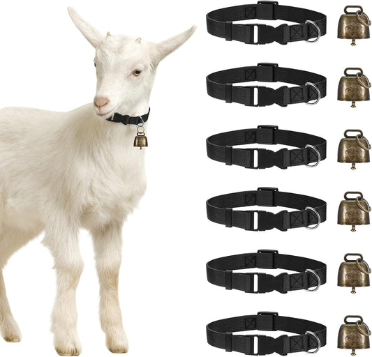 M METERXITY 6-Pack Goat Collars with Bells, 13.8"-20.5" Polyester Adjustable Pet Collar with Anti-Lost Grazing Copper Bell for Small Farm Animal/Sheep/Cow/Goat [Black]