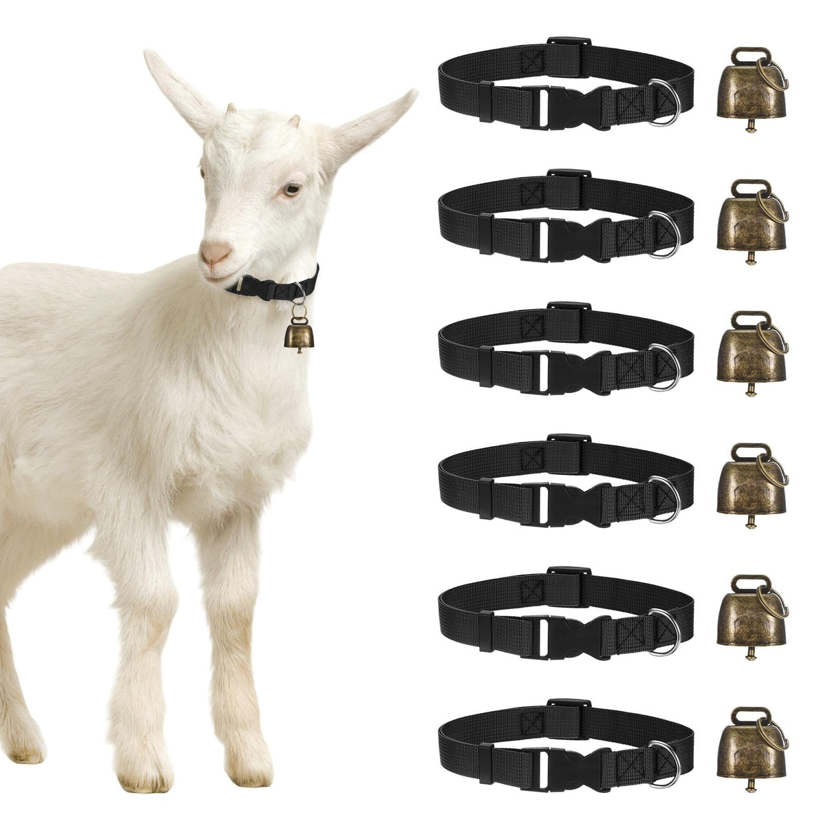 M METERXITY 6-Pack Goat Collars with Bells, 13.8"-20.5" Polyester Adjustable Pet Collar with Anti-Lost Grazing Copper Bell for Small Farm Animal/Sheep/Cow/Goat [Black]