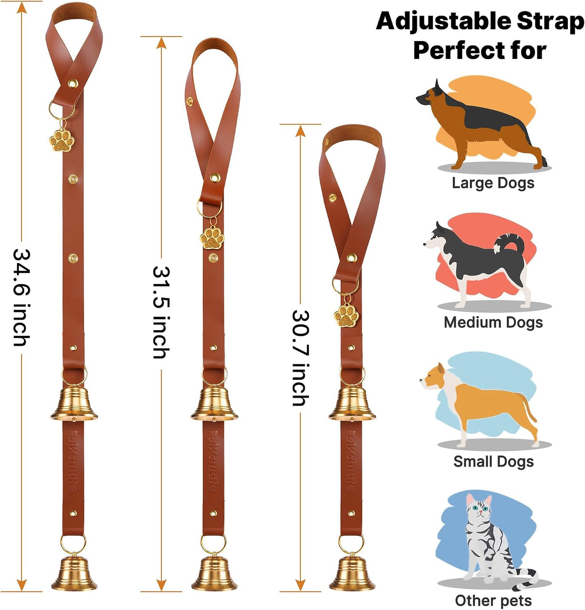 FOLKSMATE Leather Dog Door Bells for Potty Training, Nail-Safe Puppy Dog Door Bells Extra Loud for Dogs Training, Housebreaking, Door Knob, Dog Bell to Ring to Go Outside Puppy Pet Supplies Leather