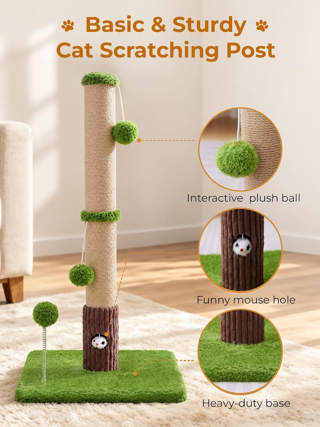 Woochpet Funny Cat Scratching Posts Sturdy Scratcher Posts 33'' Green