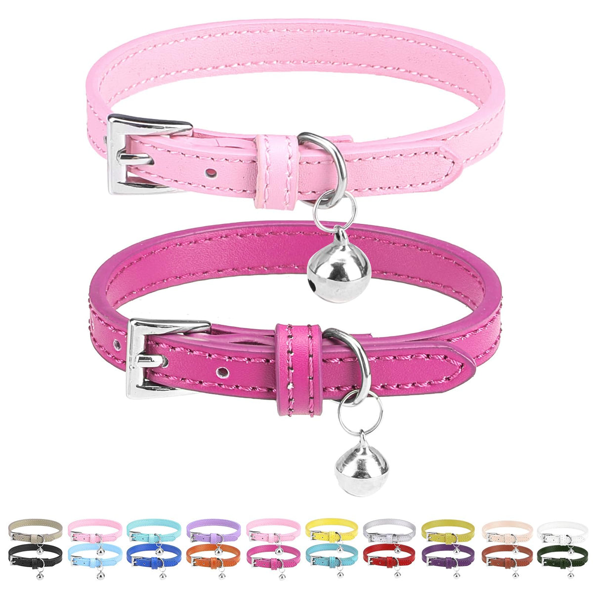 PUPTECK 2 PCS Soft Genuine Leather Cat Kitten Collar with Bells Adjustable for Girl Boy Cats Puppy - Yellow, Teal