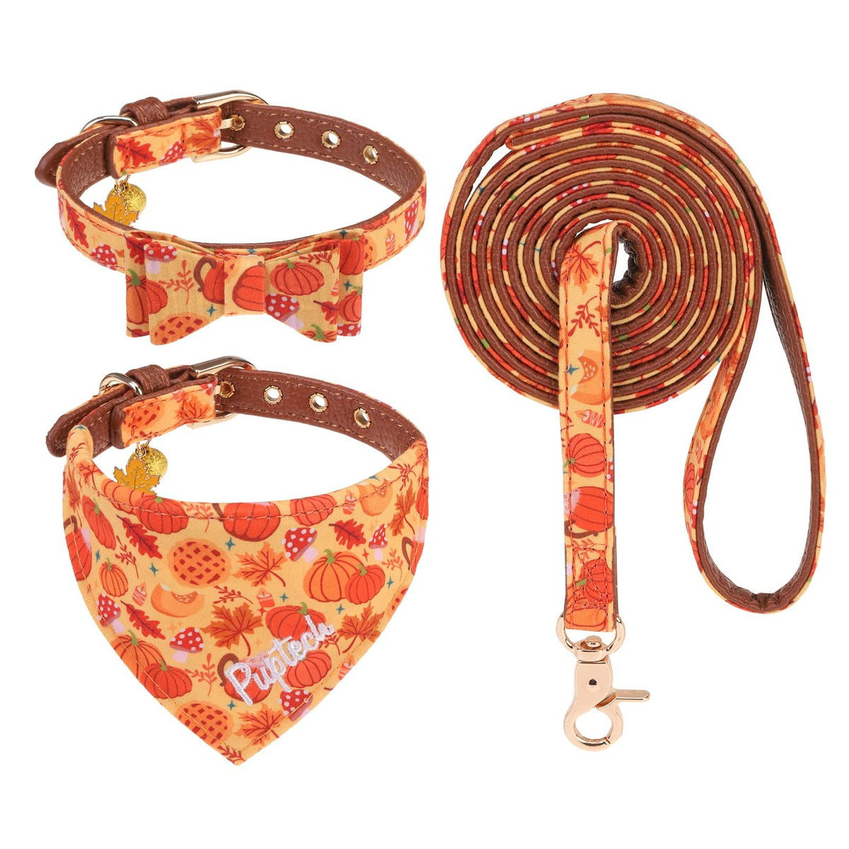 PUPTECK Halloween Dog Collar and Leash Set - 3 Pack Adjustable Pet Bandana Collars with Bow Tie and Bells, Soft Leather for Small Dogs Puppies and Cats Accessories, Orange Pumpkin