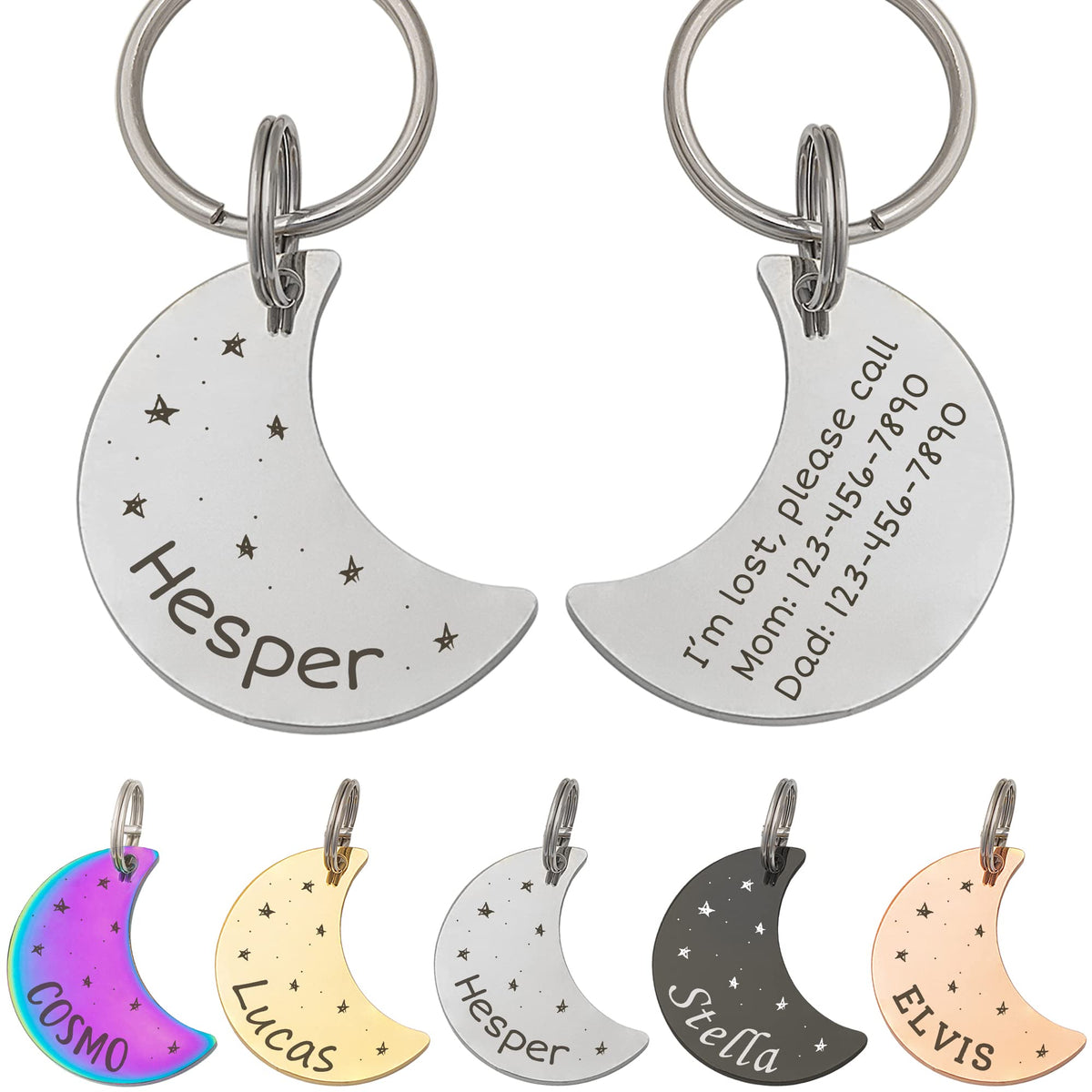 Anavia Starry Sky Theme Pet ID Tags in Half Moon & Star Shape, Personalized Dog Name Tag Cat Tag, Glossy Stainless Steel Gold Plated Black Rainbow Dog Collar Tag (Medium, Star Shape, Black)