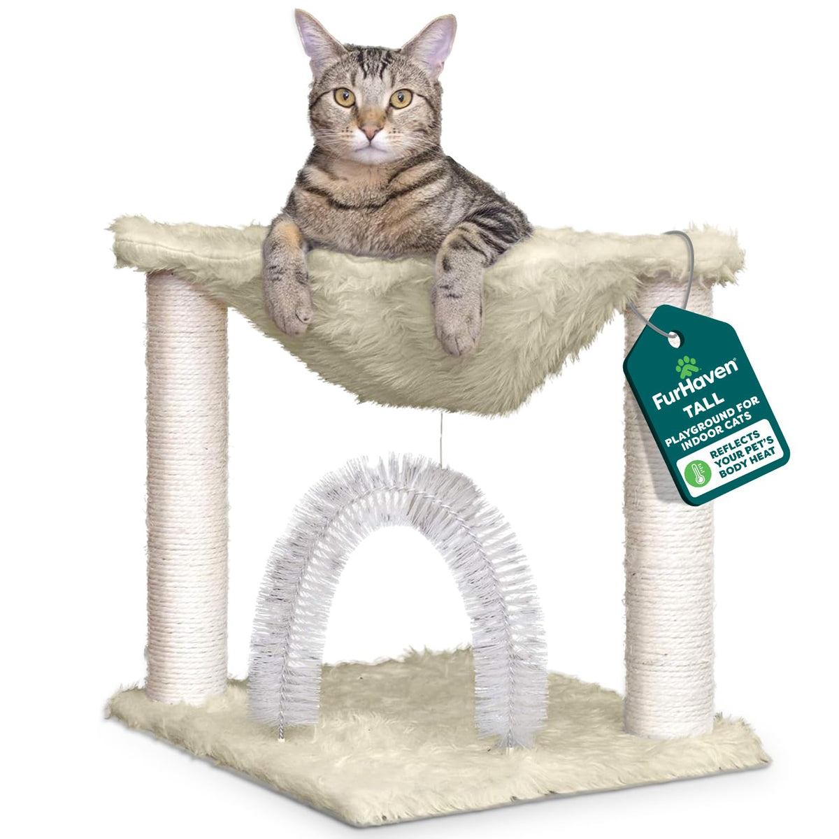 Furhaven 15.75" Tall Playground for Indoor Cats, Ft. Sisal Scratching Posts, Self-Grooming Brush, & Toy - Tiger Tough Hammock Interactive Playground - Silver, One Size