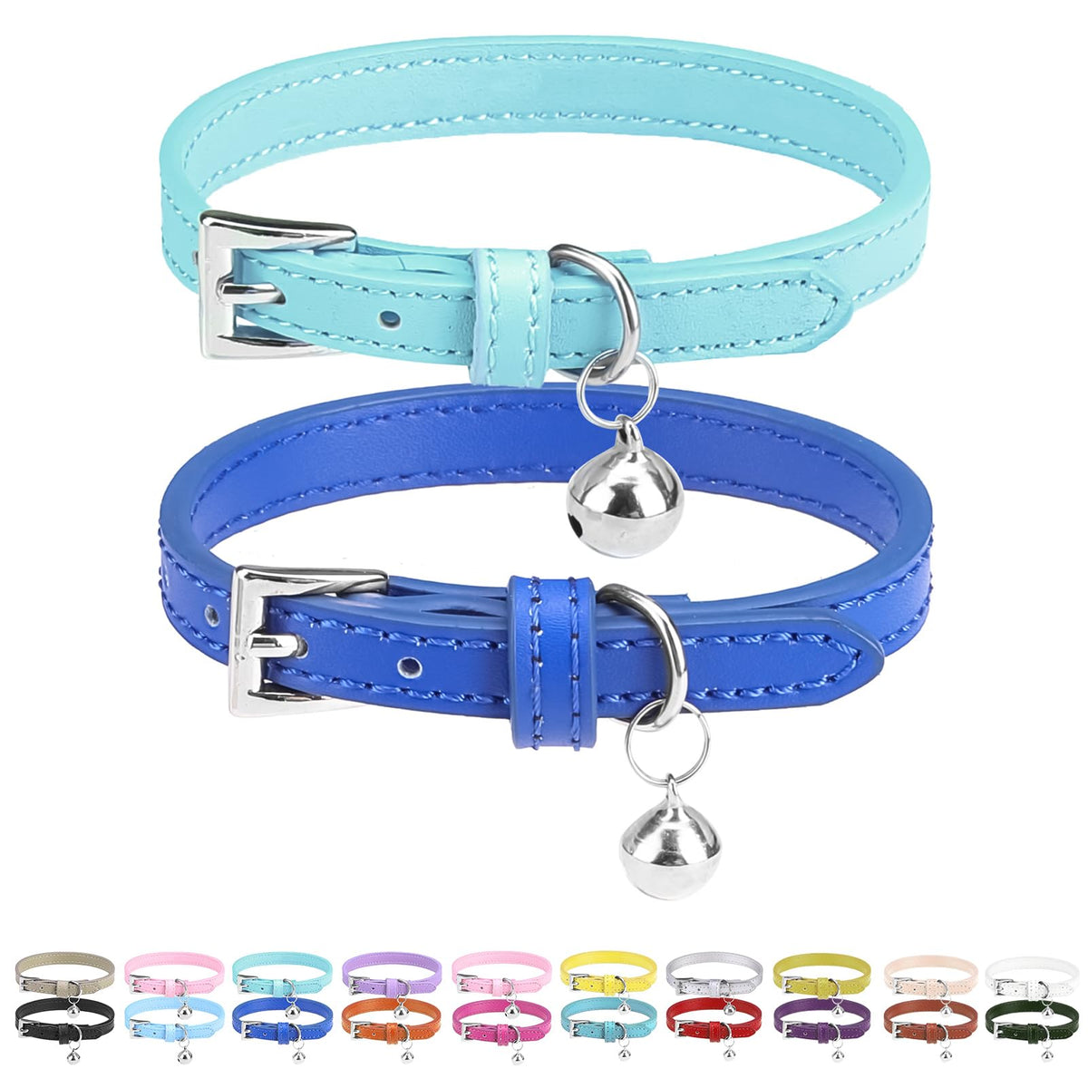 PUPTECK 2 PCS Soft Genuine Leather Cat Kitten Collar with Bells Adjustable for Girl Boy Cats Puppy - Yellow, Teal