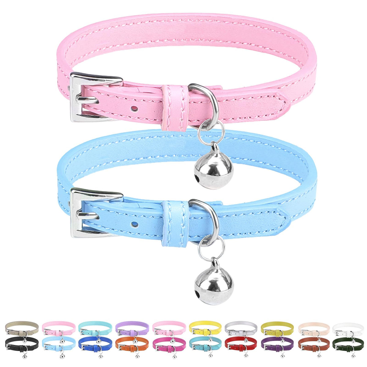 PUPTECK 2 PCS Soft Genuine Leather Cat Kitten Collar with Bells Adjustable for Girl Boy Cats Puppy - Yellow, Teal