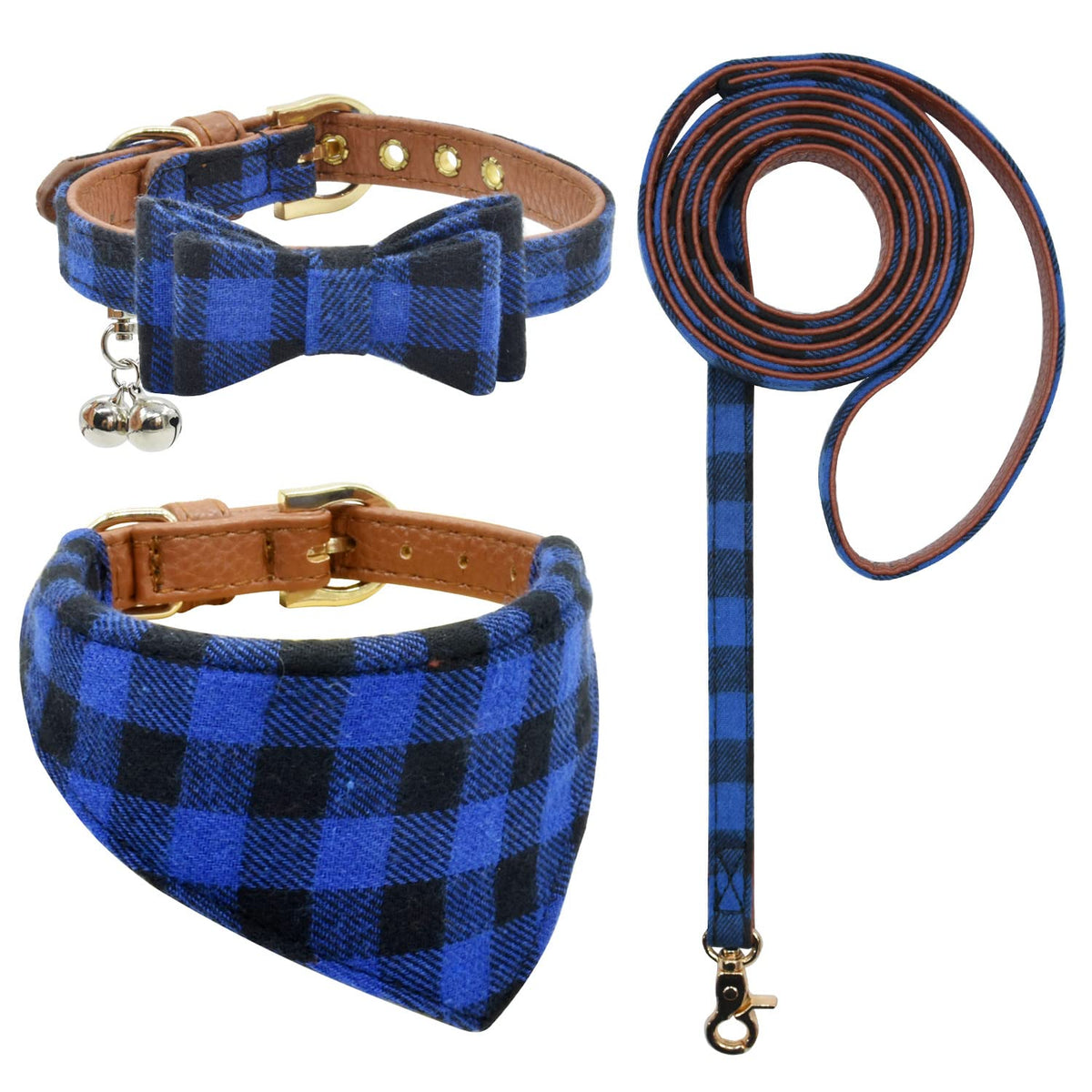 3PCS Bow Tie Dog Collar and Leash Set Plaid/Camo/Dots/Flower Dog Bandanas with Bell 3 Size Adjustable for Small Dogs Puppies and Cats (XS, Orange Plaid)