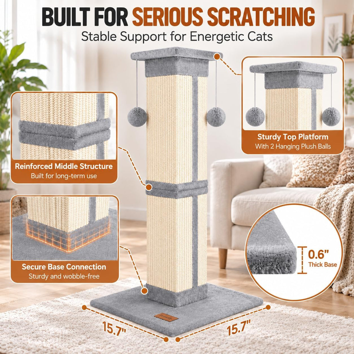 Cat Scratching Post 33 Inch for Indoor Cats, Tall Cat Scratcher with 100% Natural Sisal, Large Stable Base & 5 Inch Wide Post, Cat Scratch Post for Large Cats, Full-Body Stretching, Grey