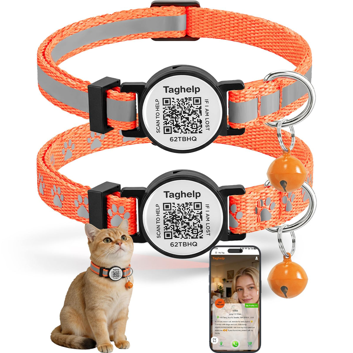 2 Pack Airtag Cat Collar, Breakaway Cat Airtag with Smart ID tag & QR Code Reflective (Moon Stars - Black & Pink, with Integrated AirTag Holder)