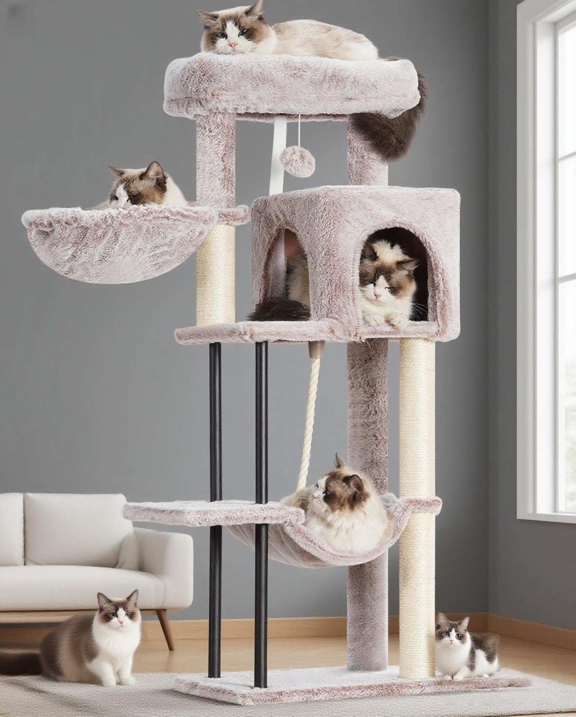 Gitelsnour Cat Tree, Cat Tower for Indoor Cats, 43.3 inch Cat Tree Tower with Sturdy Steel Tube, Hammock, Cat Condo for Small Cats and Kittens, Scratching Post, Smoky Gray GCT004SG