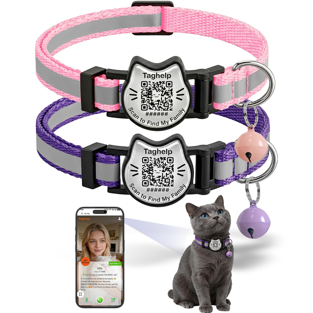 Breakaway Cat Collar with QR Code Tag and Bell (Black & Rose red)