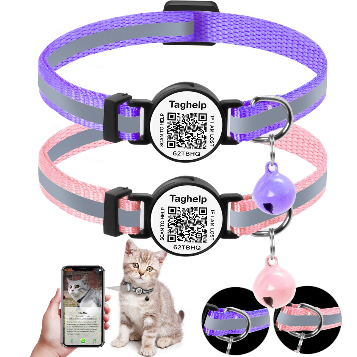 2 Pack QR Code Cat Collar with Instant Lost Pet Recovery System, Scan for Urgent Alerts & Location Info, Breakaway Reflective Collar with Safety Bell (Blue & Pink)