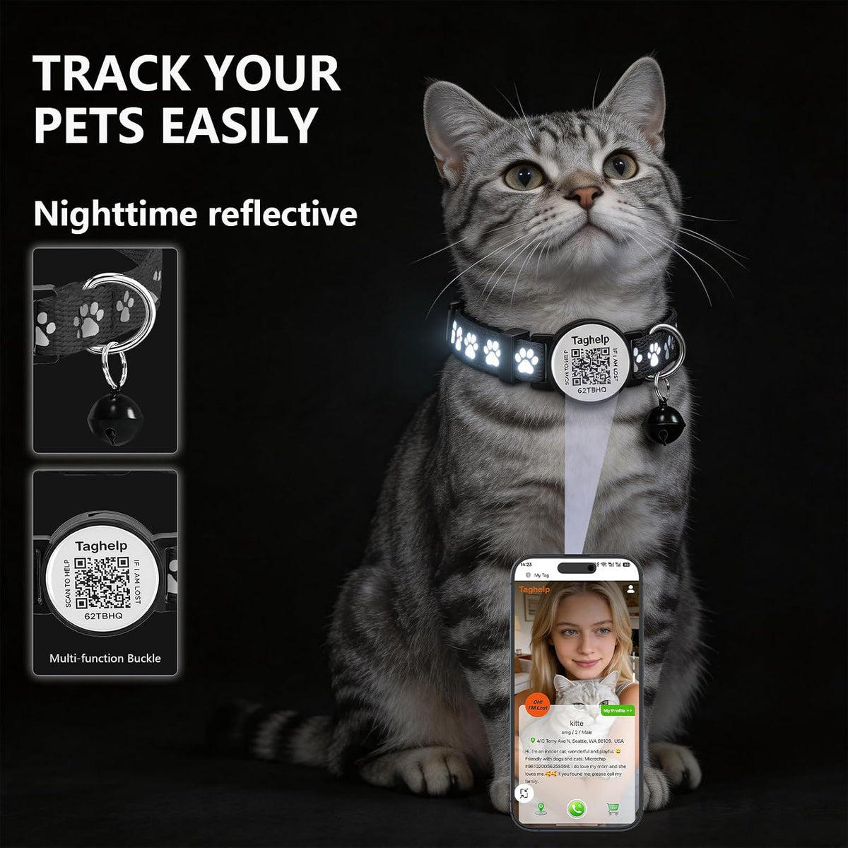 2 Pack QR Code Cat Collar with Instant Lost Pet Recovery System, Scan for Urgent Alerts & Location Info, Breakaway Reflective Collar with Safety Bell (Blue & Pink)