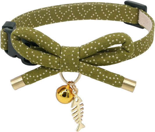 Cute Bowtie Cat Collar with Bell. Japanese Stylish Bowknot & Fish Charm. Safety Breakaway, Soft, Lightweight, for Girl Boy Male Female Cats Kitten,Green