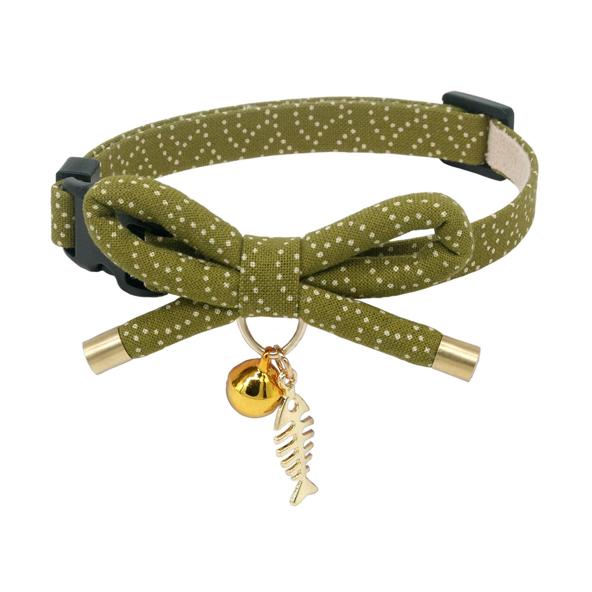 Cute Bowtie Cat Collar with Bell. Japanese Stylish Bowknot & Fish Charm. Safety Breakaway, Soft, Lightweight, for Girl Boy Male Female Cats Kitten,Green