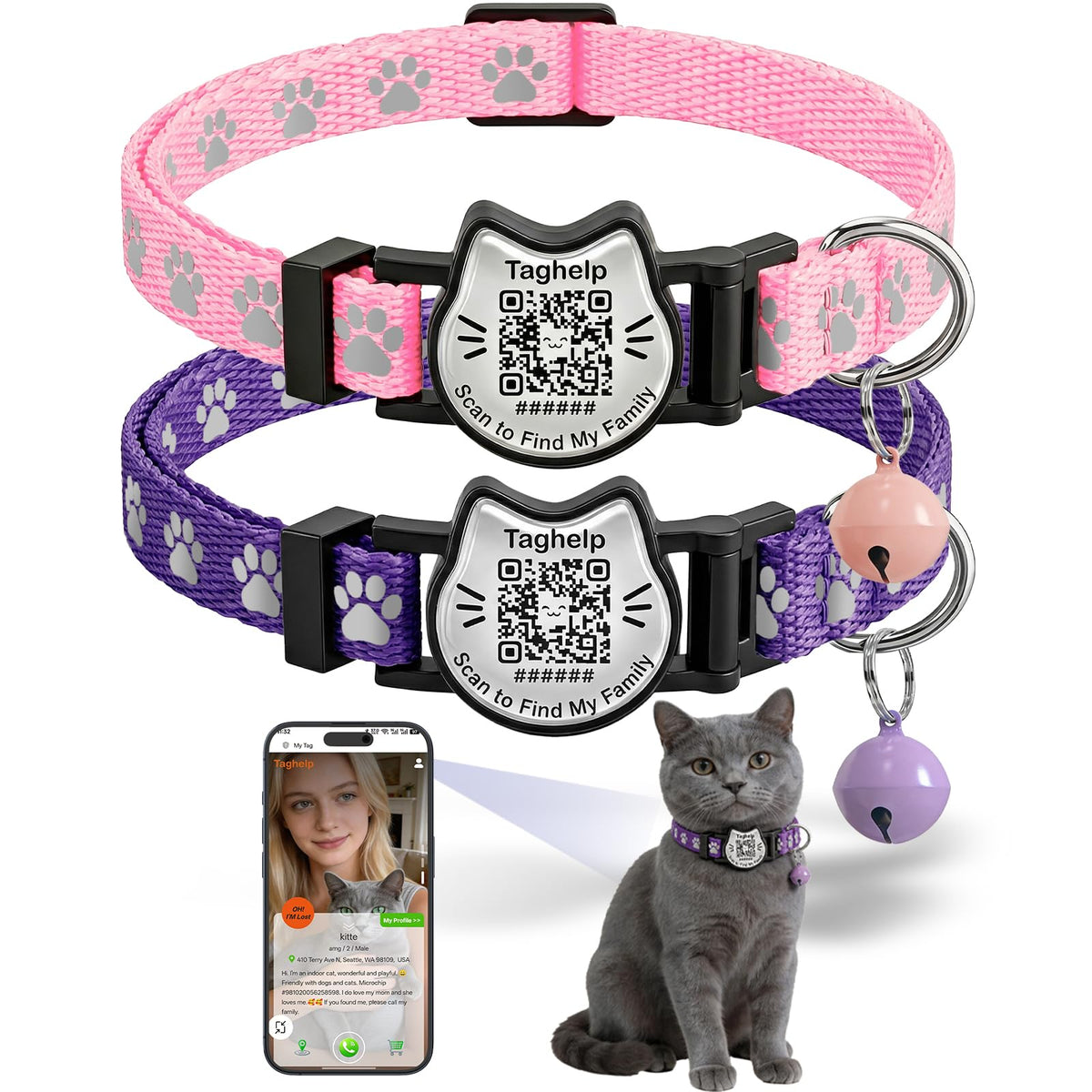 Breakaway Cat Collar with QR Code Tag and Bell (Black & Rose red)