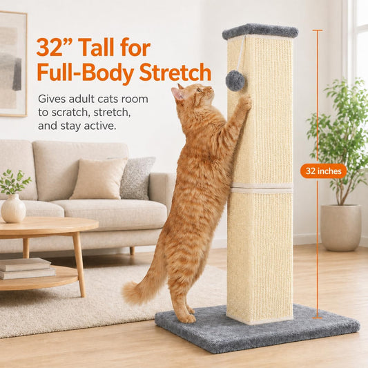 Cat Scratching Post for Indoor Cat, 32 Inch Large Cat Scratcher Grey