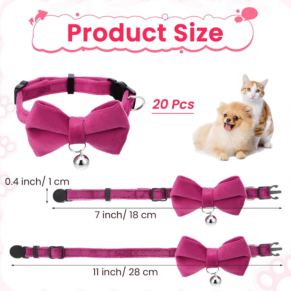 20 Pack Cat Collars with Bow Tie and Bell, Adjustable 7-11 inch Pet Collar with Safety Buckle, Solid Colors Kitten Bow Breakaway Cat Bowtie for Puppy Pet Accessories (10 Colors)