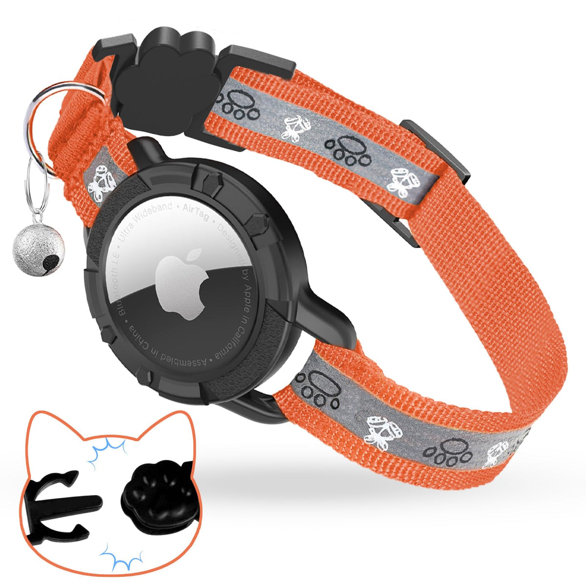 Breakaway AirTag Cat Collar, Reflective Cat Tracker Collar with Bell