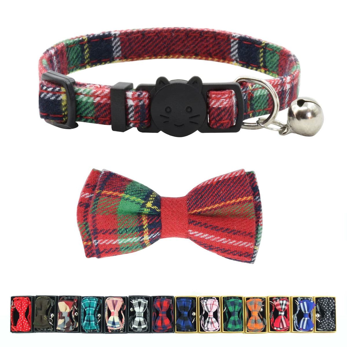 Cat Collar Breakaway with Bell and Bow Tie, Plaid Design Adjustable Safety Kitty Kitten Collars Set of 2 PCS (6.8-10.8in) (Green&Orange Plaid)