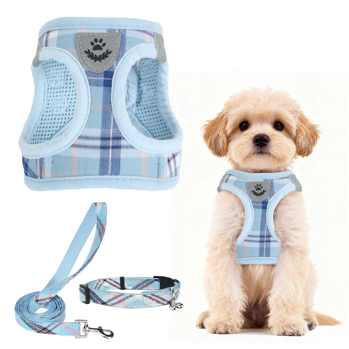 PUPTECK Adjustable Pet Harness Collar &Leash Set Step in for Small Dogs Puppy &Cats Outdoor Training &Running, Soft Mesh Padded Reflective Vest Harness,M: Chest girth: 16-18in Collar: 11.8-15.7in