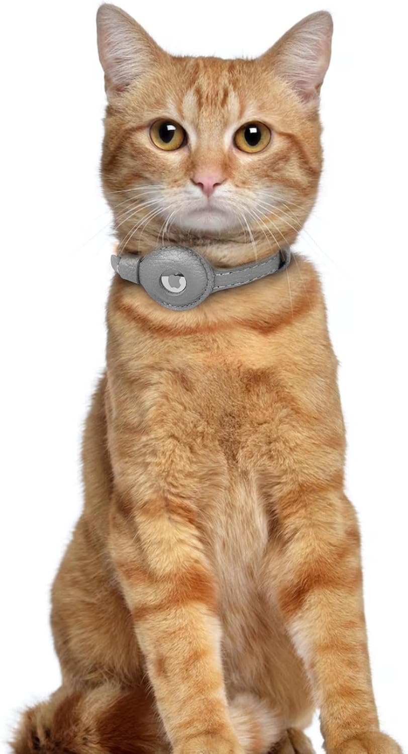 OOPSDOGGY Leather AirTag Cat Collar with Bell - Non Breakaway Kitten Collar with Apple Air Tag Holder - Lightweight GPS Pet Collars for Girl Boy Cats, Small Dogs, Puppies (Gray)