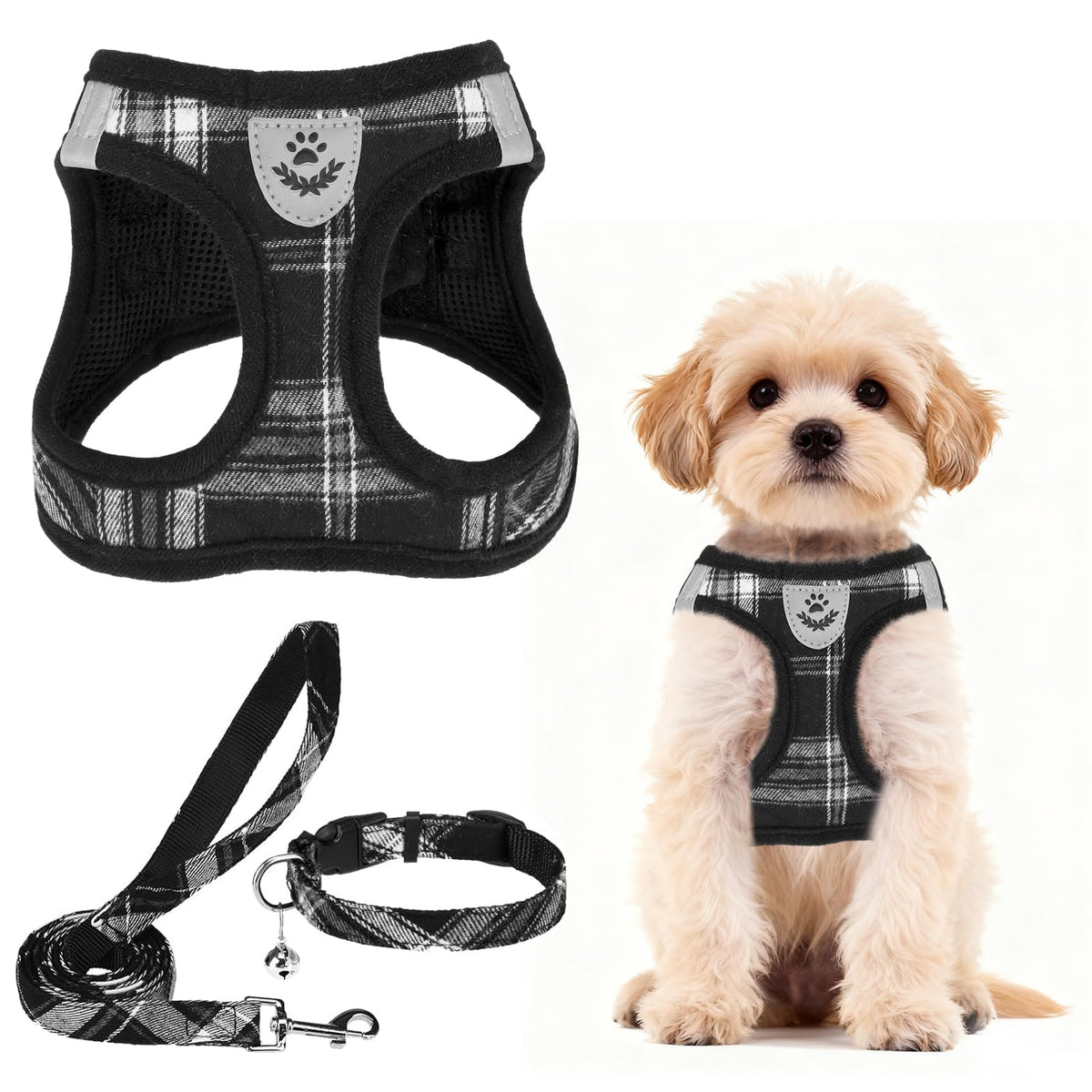 PUPTECK Adjustable Pet Harness Collar &Leash Set Step in for Small Dogs Puppy &Cats Outdoor Training &Running, Soft Mesh Padded Reflective Vest Harness,M: Chest girth: 16-18in Collar: 11.8-15.7in