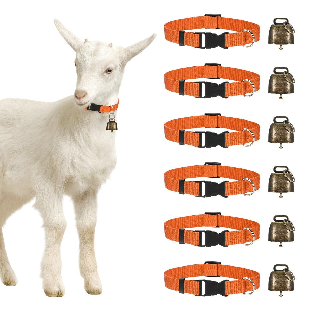 M METERXITY 6-Pack Goat Collars with Bells, 13.8"-20.5" Polyester Adjustable Pet Collar with Anti-Lost Grazing Copper Bell for Small Farm Animal/Sheep/Cow/Goat [Black]