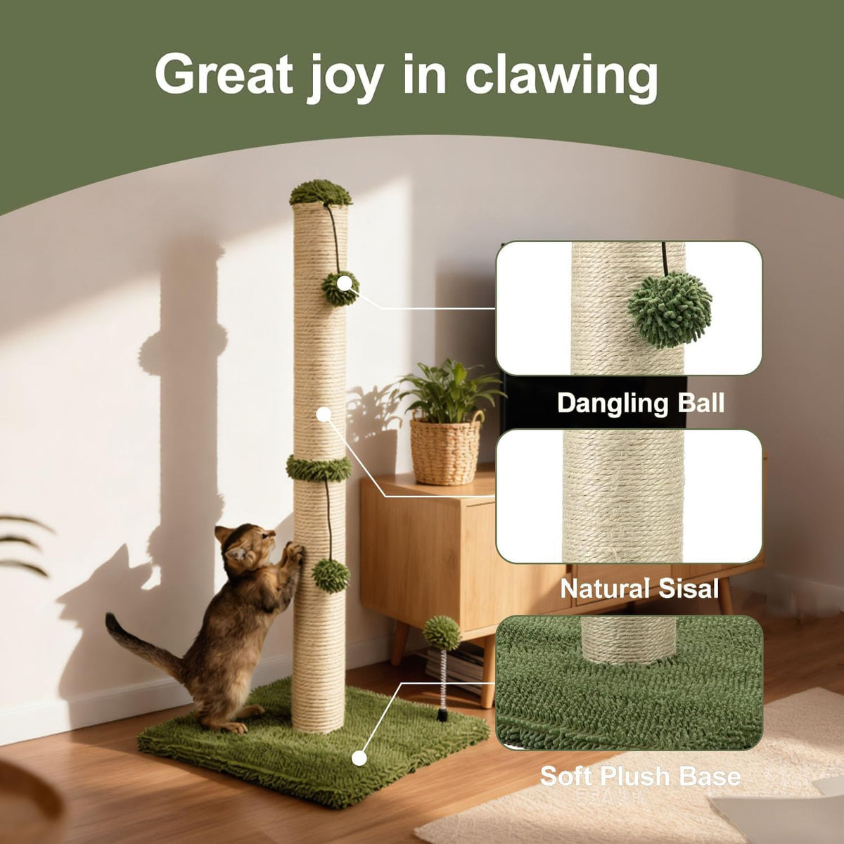 MECOOL 34“ Tall Cat Scratching Post Premium Basics Kitten Scratcher Sisal Scratch Posts Trees with Hanging Ball for Indoor Cats (34 inches for Adult Cats, Cactus Green)