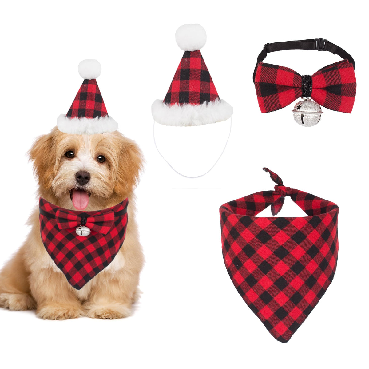 ADOGGYGO Christmas Dog Bandana Hat Bow Tie Set - Stylish Red Plaid Puppy Christmas Hat Scarf Costume Outfit for Small Dogs Pets (Small)