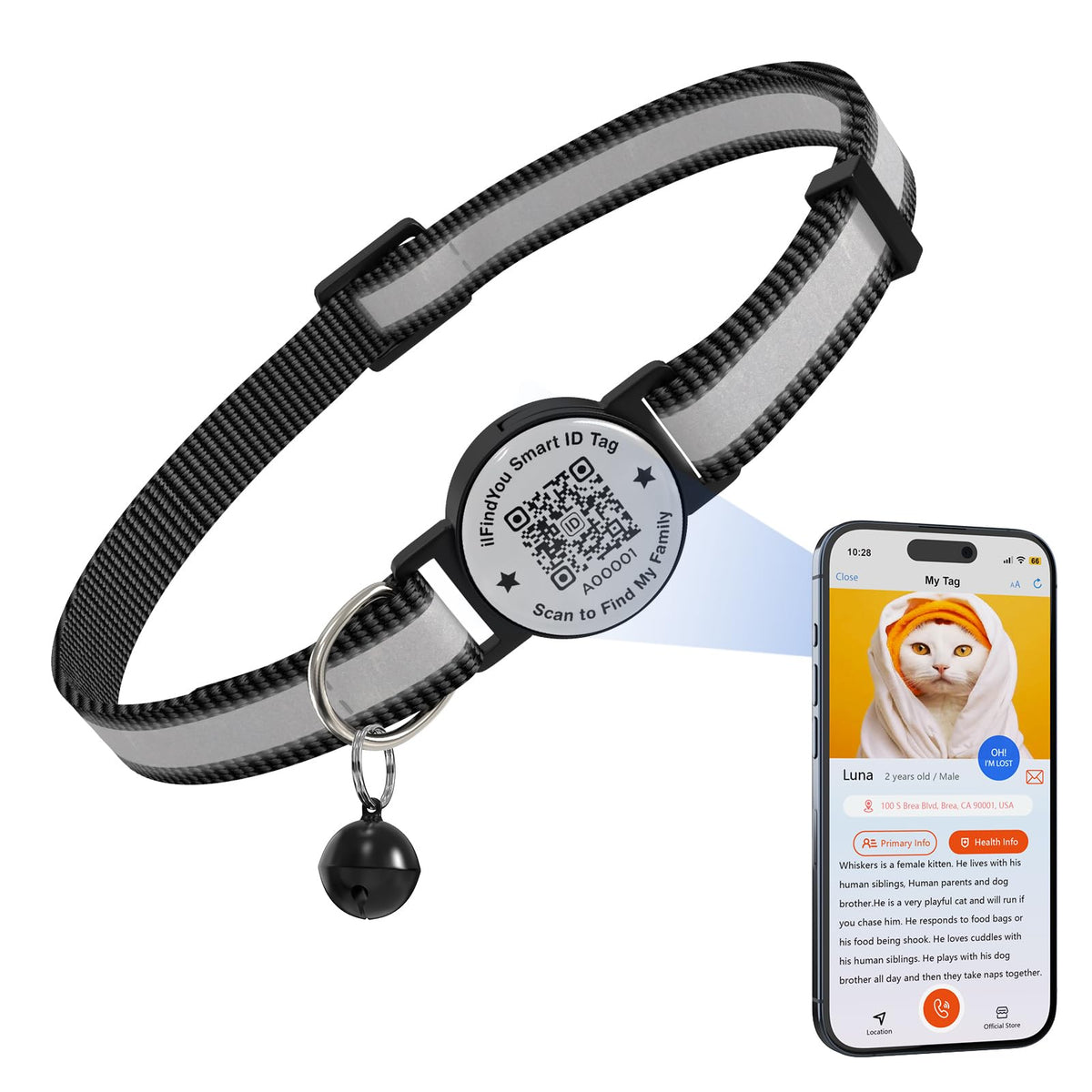 Cat Collar Breakaway QR Code, Reflective cat Collar with Bells, 3-Pack