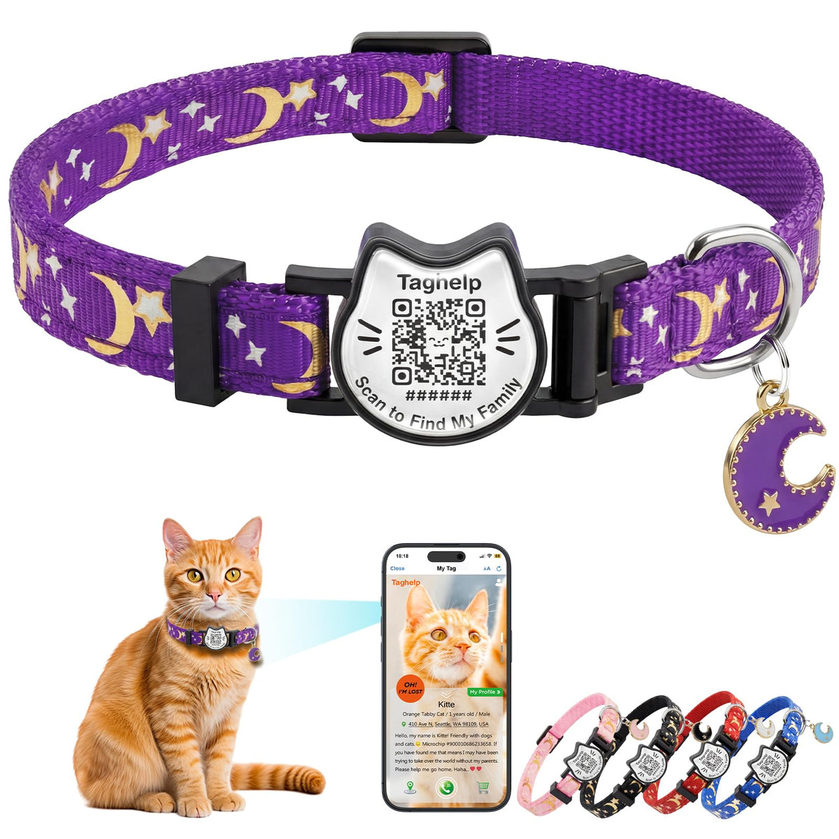 Breakaway Cat Collar with QR Code Tag and Bell (Black & Rose red)