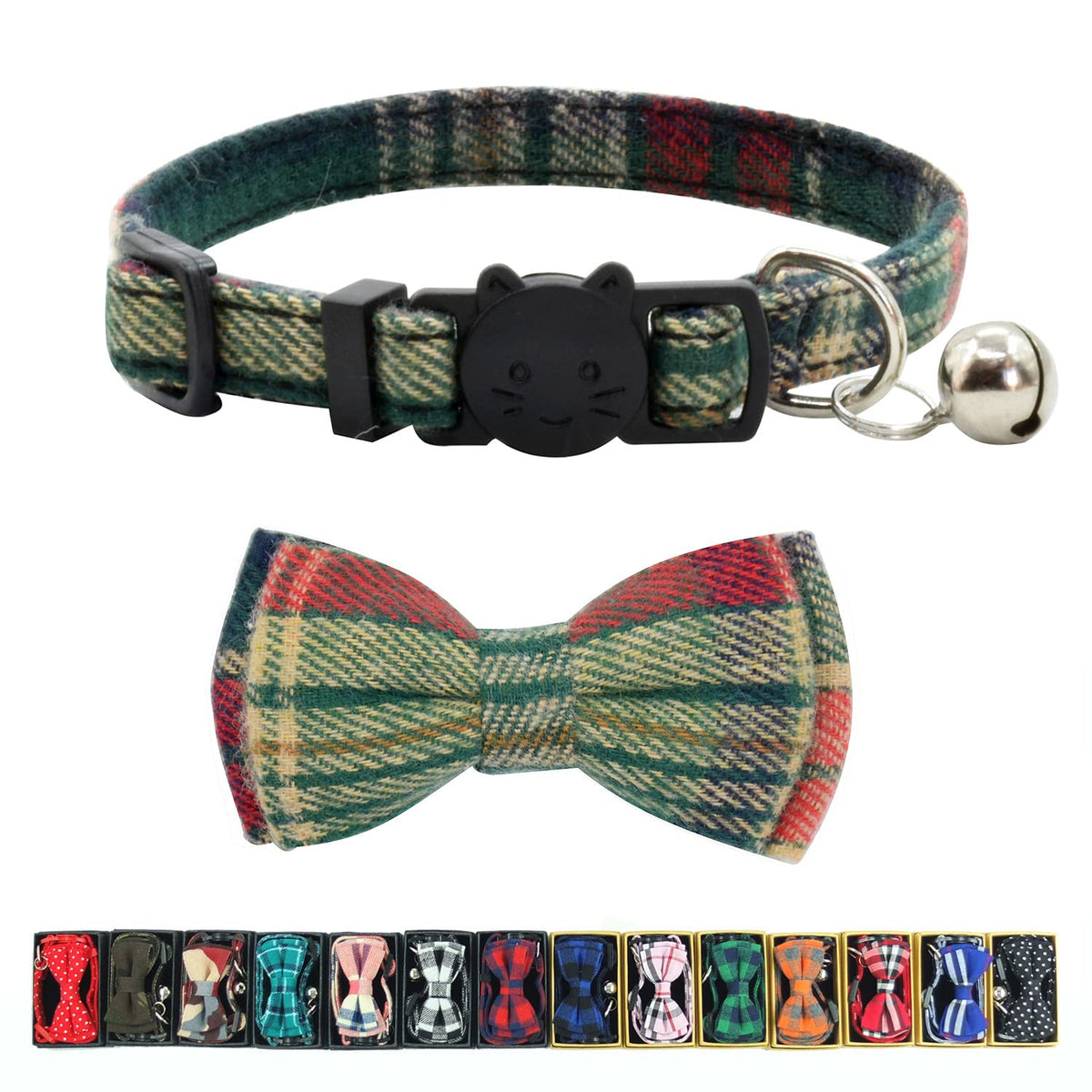 Cat Collar Breakaway with Bell and Bow Tie, Plaid Design Adjustable Safety Kitty Kitten Collars Set of 2 PCS (6.8-10.8in) (Green&Orange Plaid)