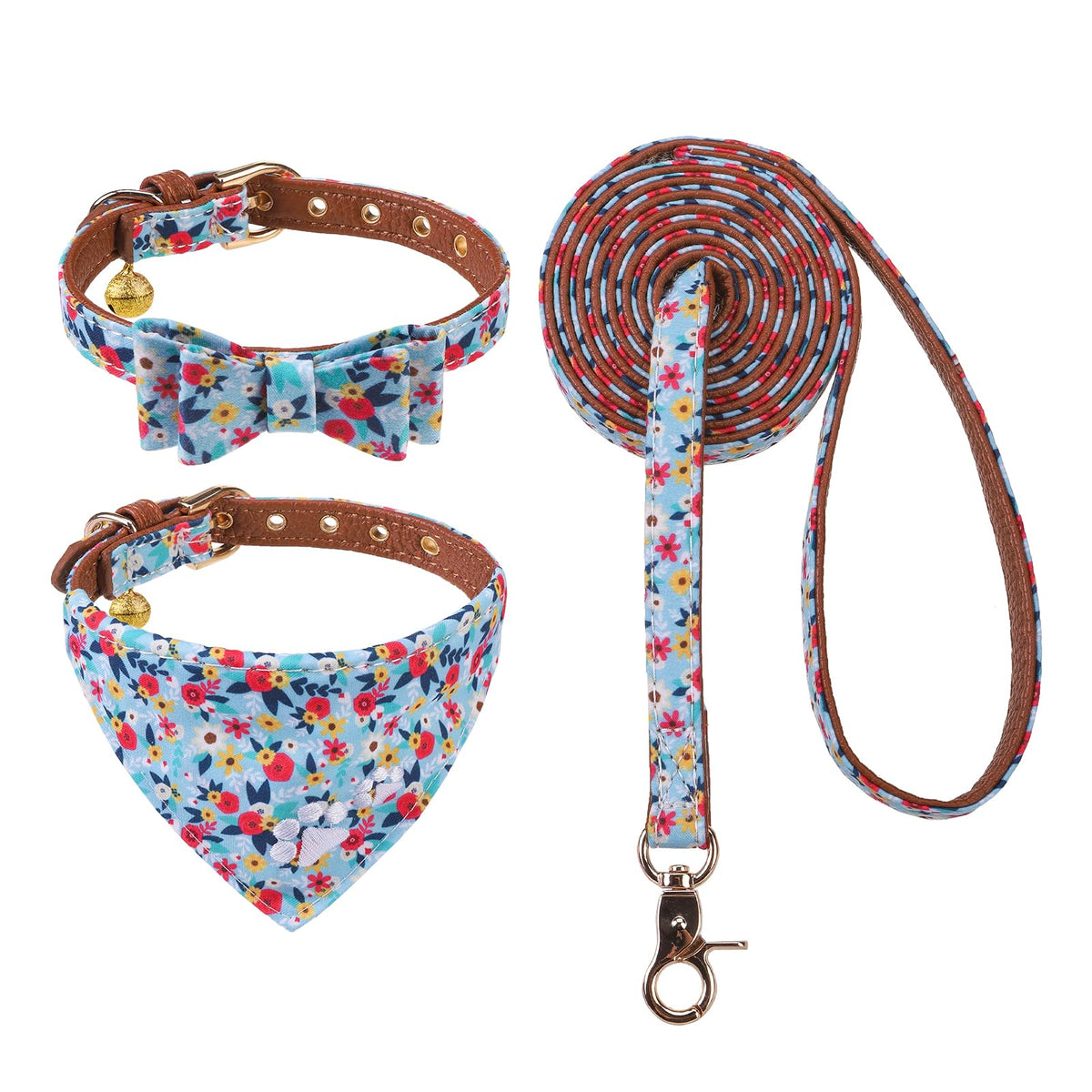 EXPAWLORER Dog Collar and Lead Set Embroidery Pawprint, Blue XS