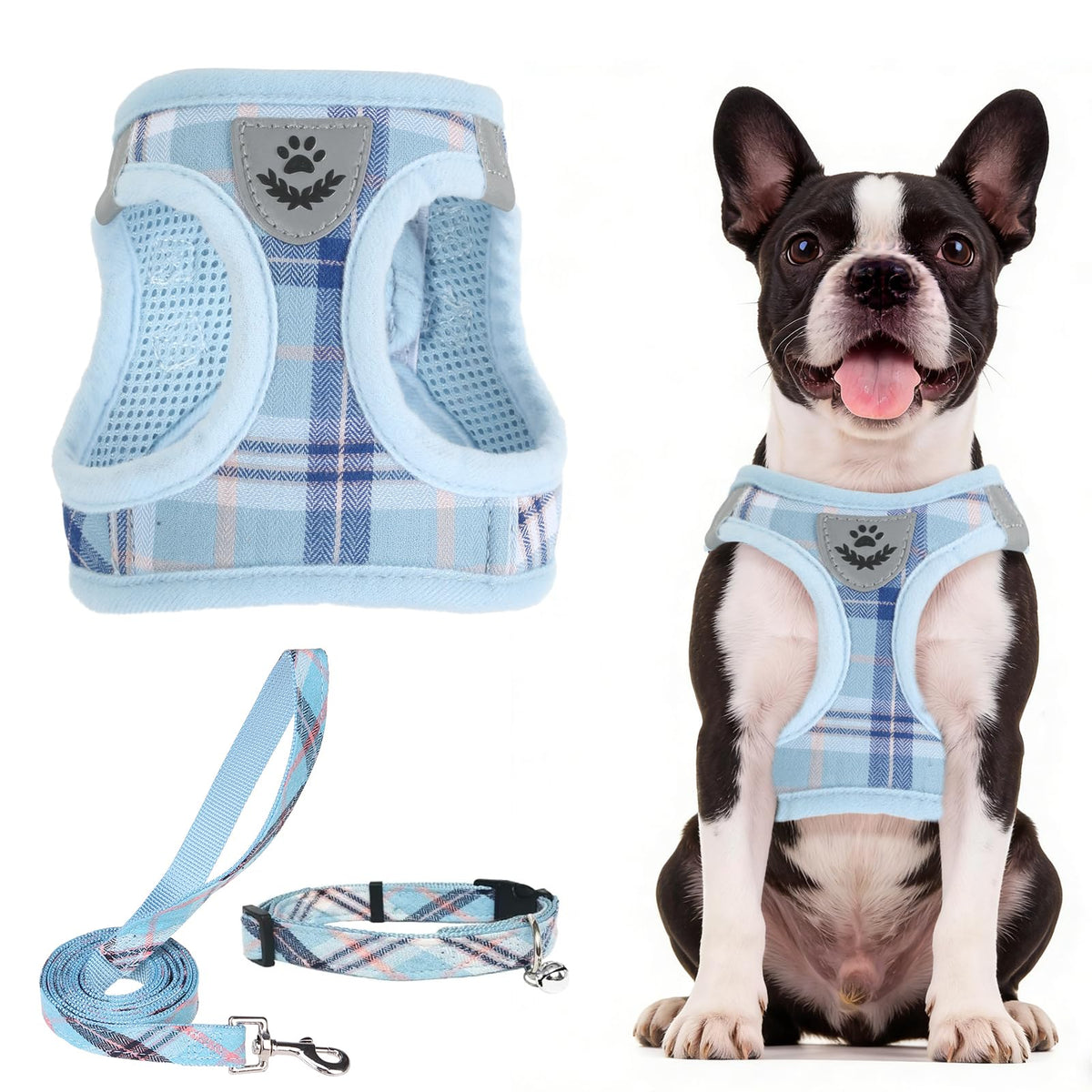 PUPTECK Adjustable Pet Harness Collar &Leash Set Step in for Small Dogs Puppy &Cats Outdoor Training &Running, Soft Mesh Padded Reflective Vest Harness,M: Chest girth: 16-18in Collar: 11.8-15.7in