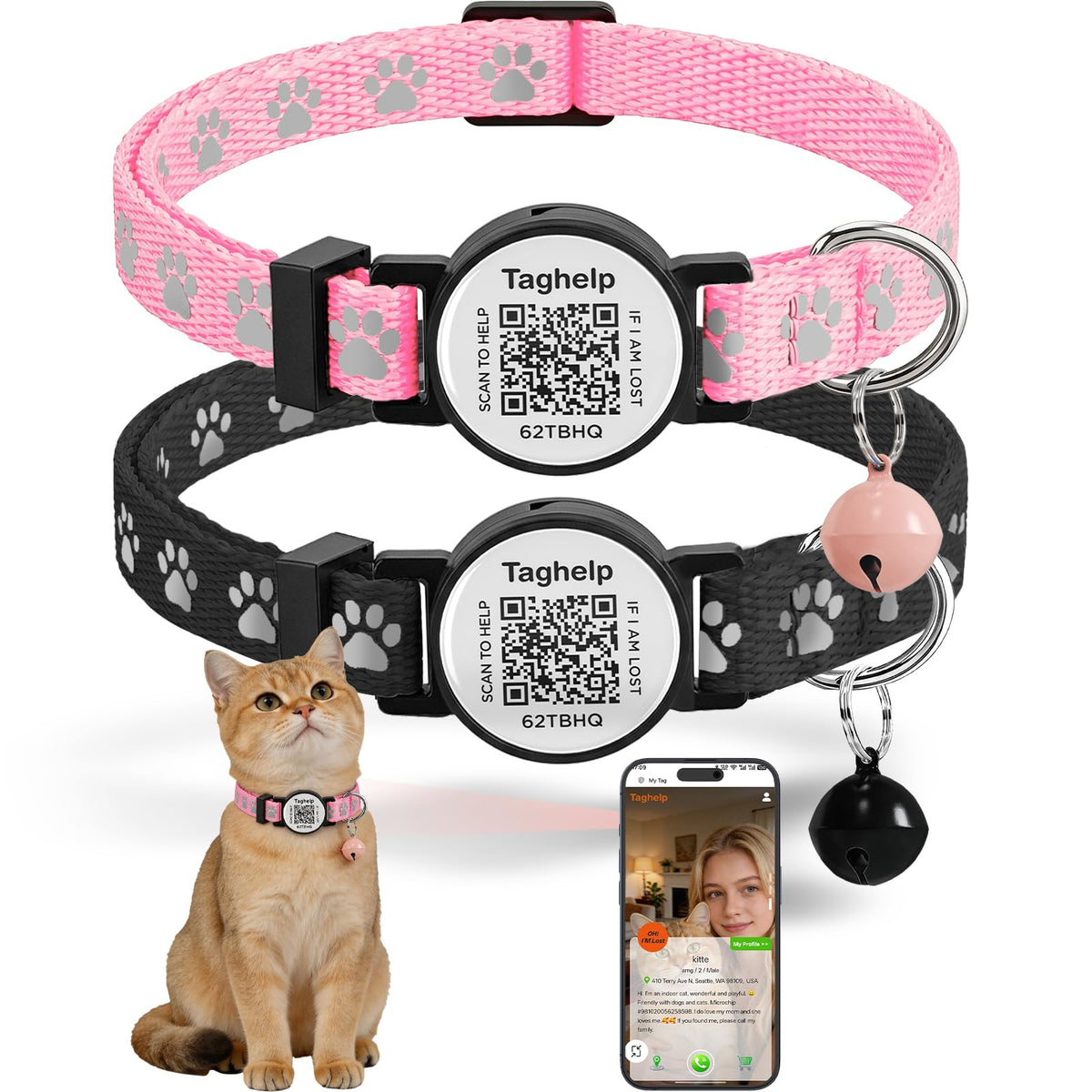 2 Pack QR Code Cat Collar with Instant Lost Pet Recovery System, Scan for Urgent Alerts & Location Info, Breakaway Reflective Collar with Safety Bell (Blue & Pink)
