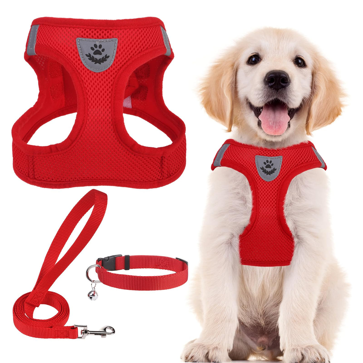 PUPTECK Adjustable Pet Harness Collar &Leash Set Step in for Small Dogs Puppy &Cats Outdoor Training &Running, Soft Mesh Padded Reflective Vest Harness,M: Chest girth: 16-18in Collar: 11.8-15.7in