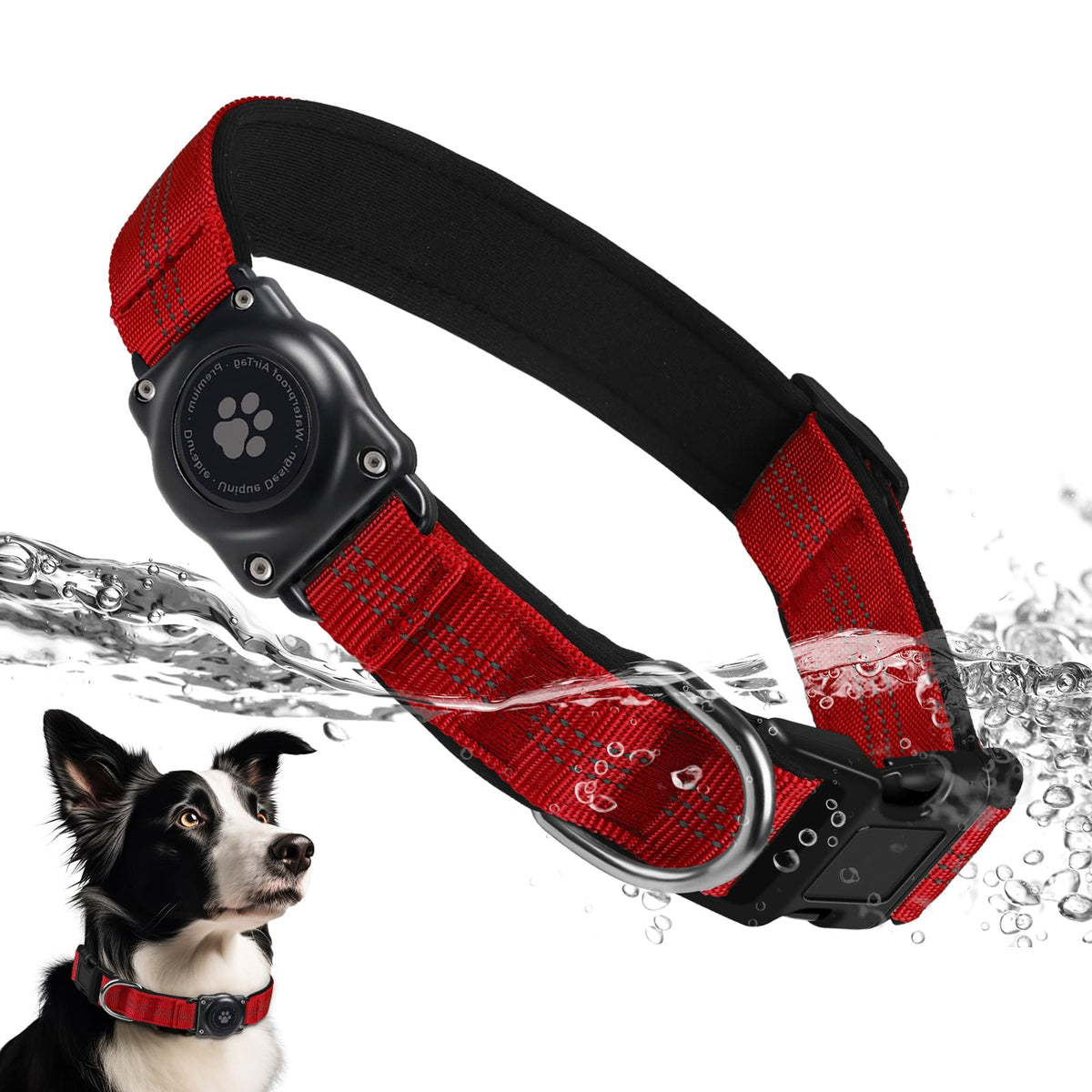 Upgrade Dog Collar with AirTag Holder, IP68 Waterproof, Black, S